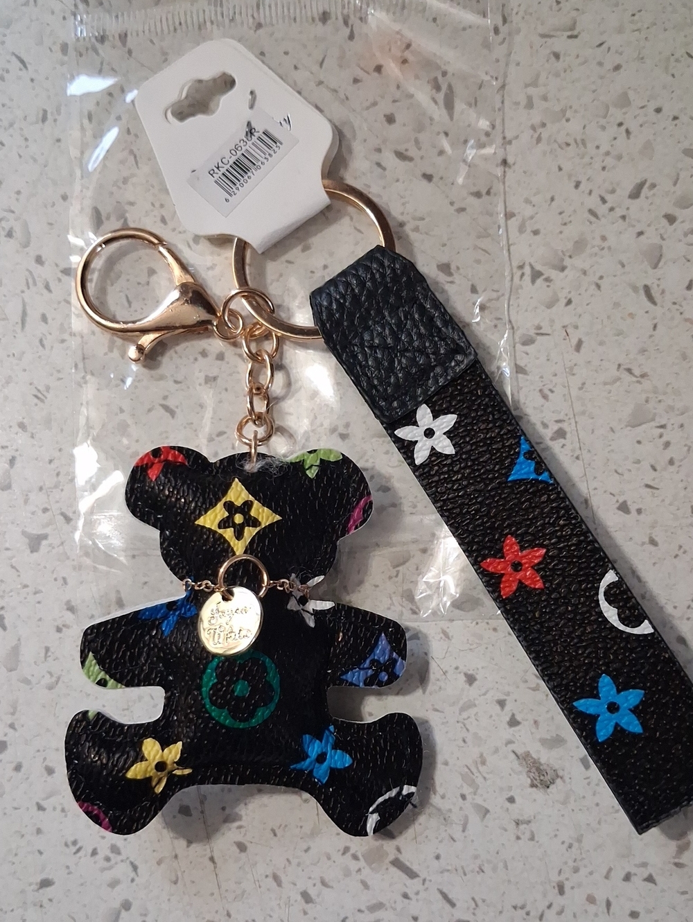 Designer-Inspired Black Multicolor Bear Keychain Wristlet